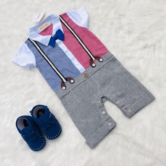 NWT BABY BOY Suit Bow tie Baby Onesie Jumpsuit Plus Shoe Bundle Lot - Picture 1 of 1